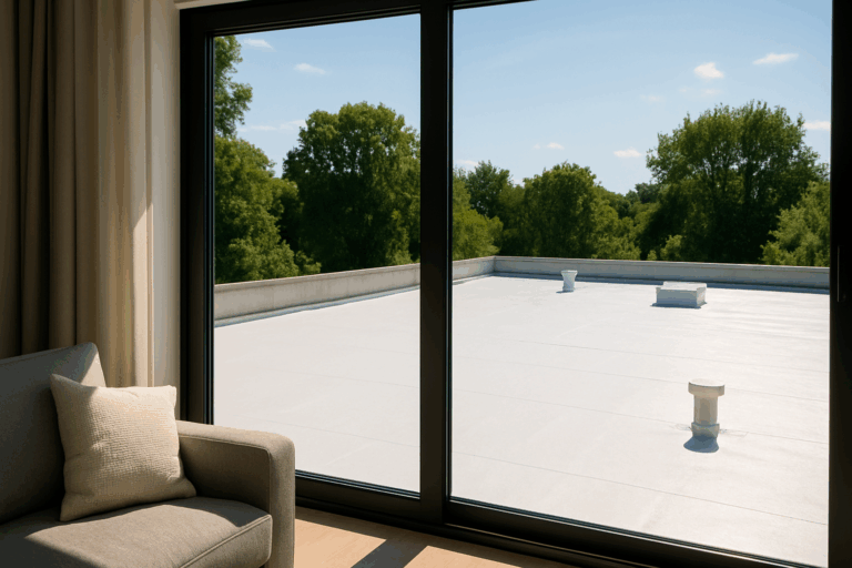 Flat white roof on a sunny day seen through modern living room window